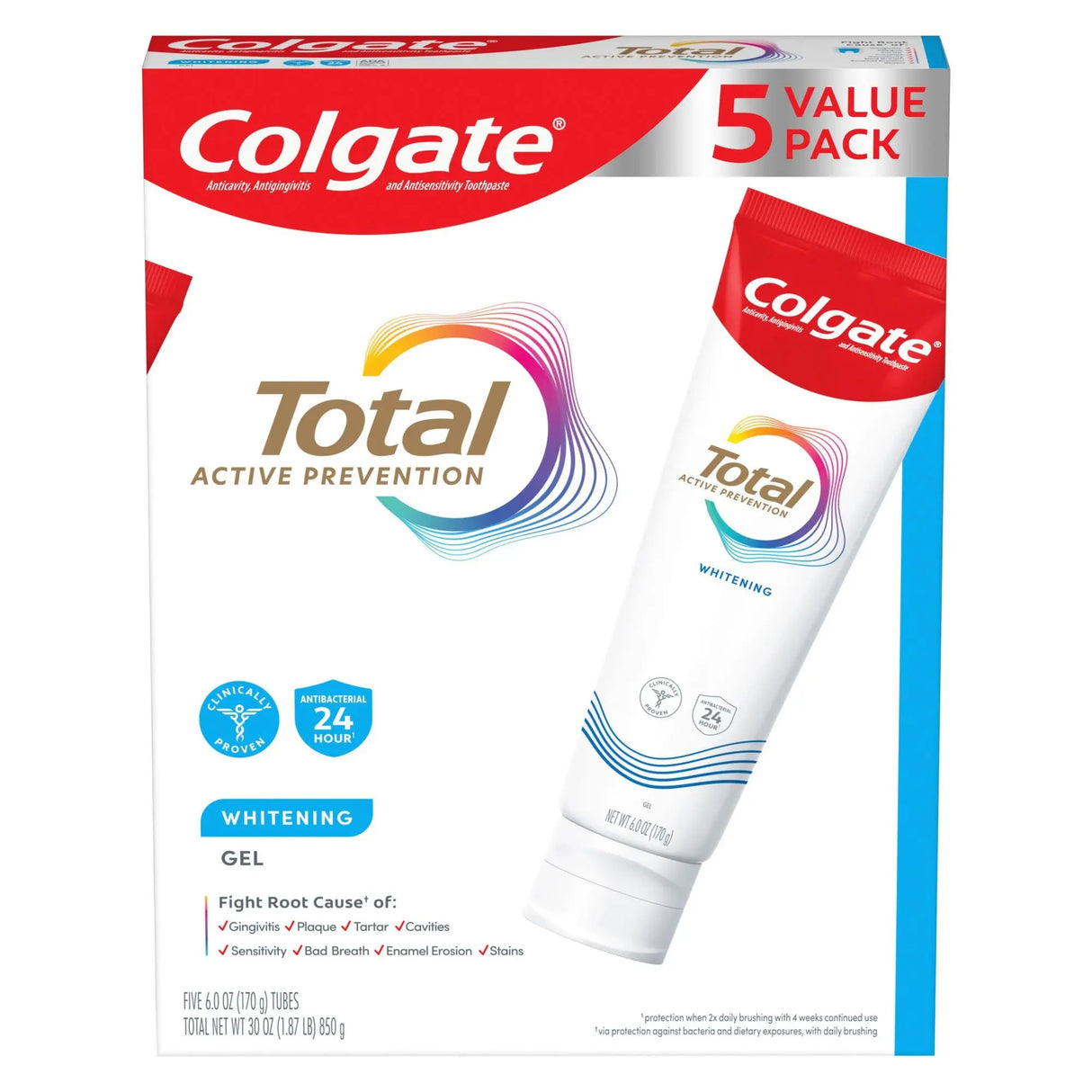 Colgate Total Whitening Gel Toothpaste (5-Pack, 6 oz Each) | Cavity Protection & Whiter Smile Colgate