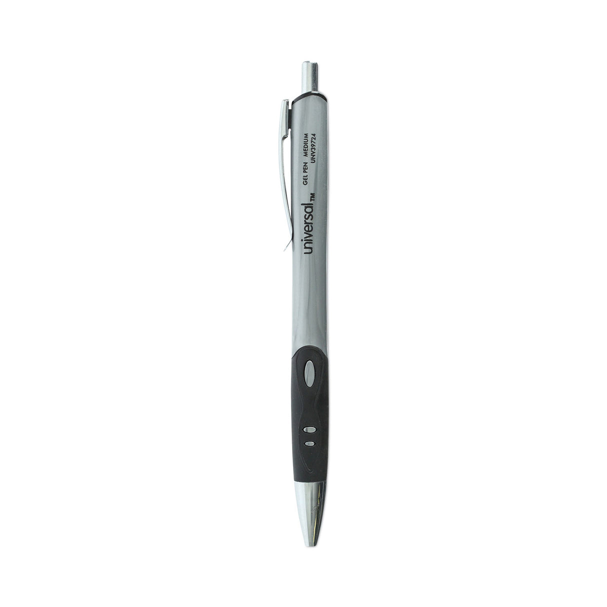 Universal Comfort Grip Gel Pen, Retractable, Medium 0.7 mm, Black Ink, Gray/Black/Silver Barrel, 36/Pack (UNV39724)
