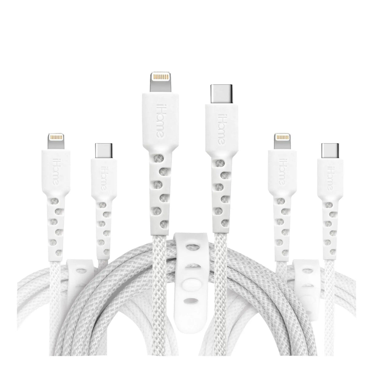 iHome Durastrain Lightning to USB-C Cable (3-Pack) | Durable Nylon Wrap with Silicone Grip iHome