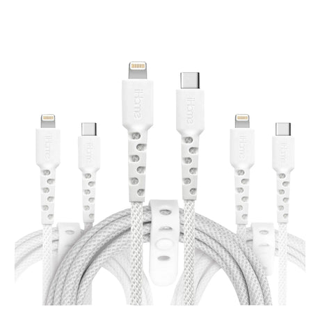 iHome Durastrain Lightning to USB-C Cable (3-Pack) | Durable Nylon Wrap with Silicone Grip iHome