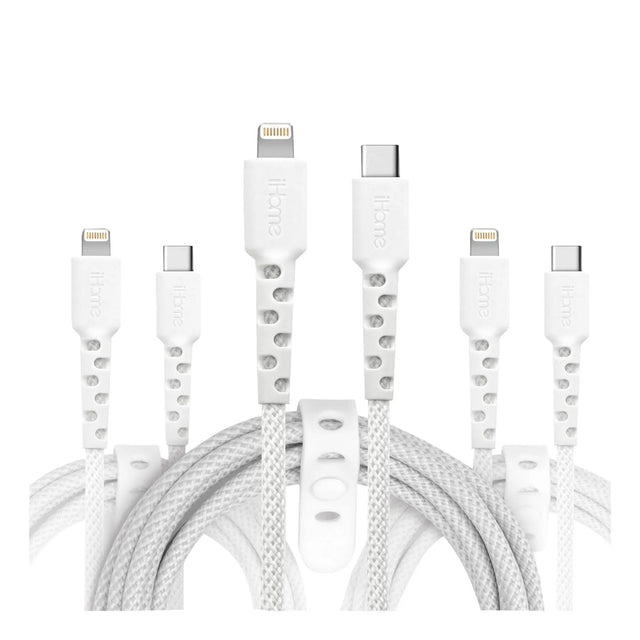 iHome Durastrain Lightning to USB-C Cable (3-Pack) | Durable Nylon Wrap with Silicone Grip iHome