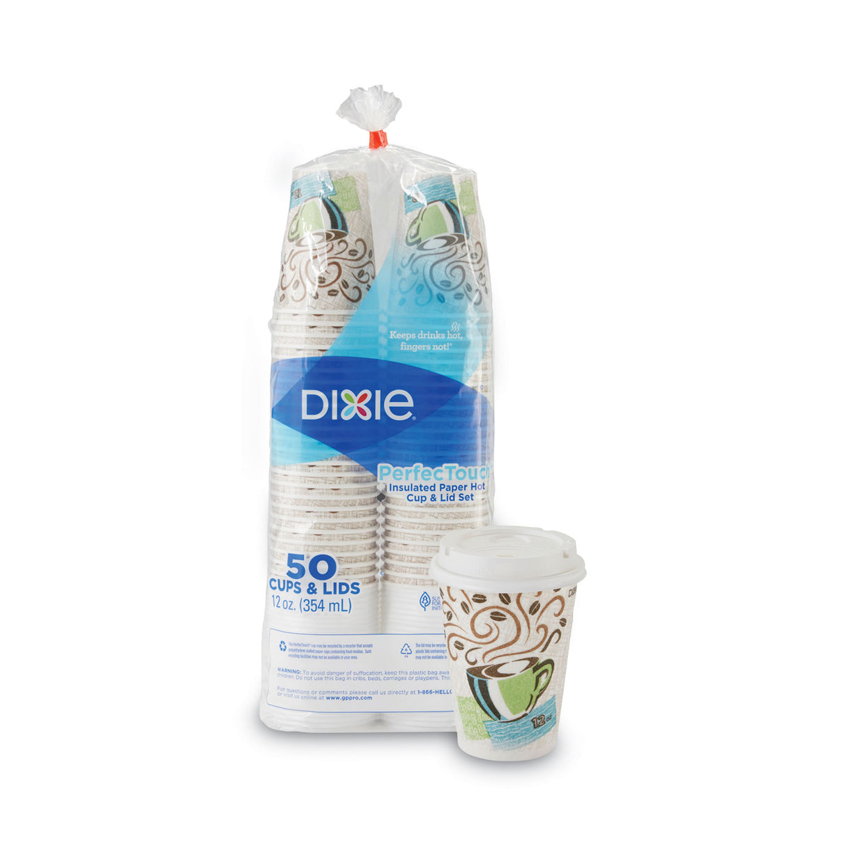Dixie PerfecTouch Paper Hot Cups and Lids Combo, 12 oz, Multicolor, 50 Cups/Lids/Pack (5342COMBO600)