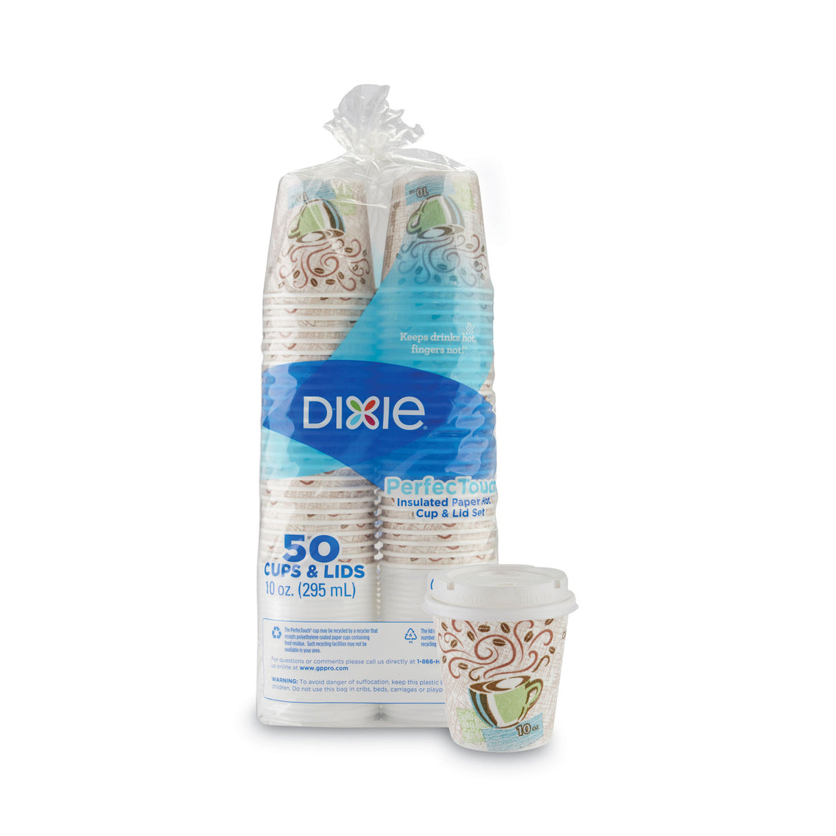 Dixie PerfecTouch Paper Hot Cups and Lids Combo, 10 oz, Multicolor, 50 Cups/Lids/Pack (5310COMBO600)