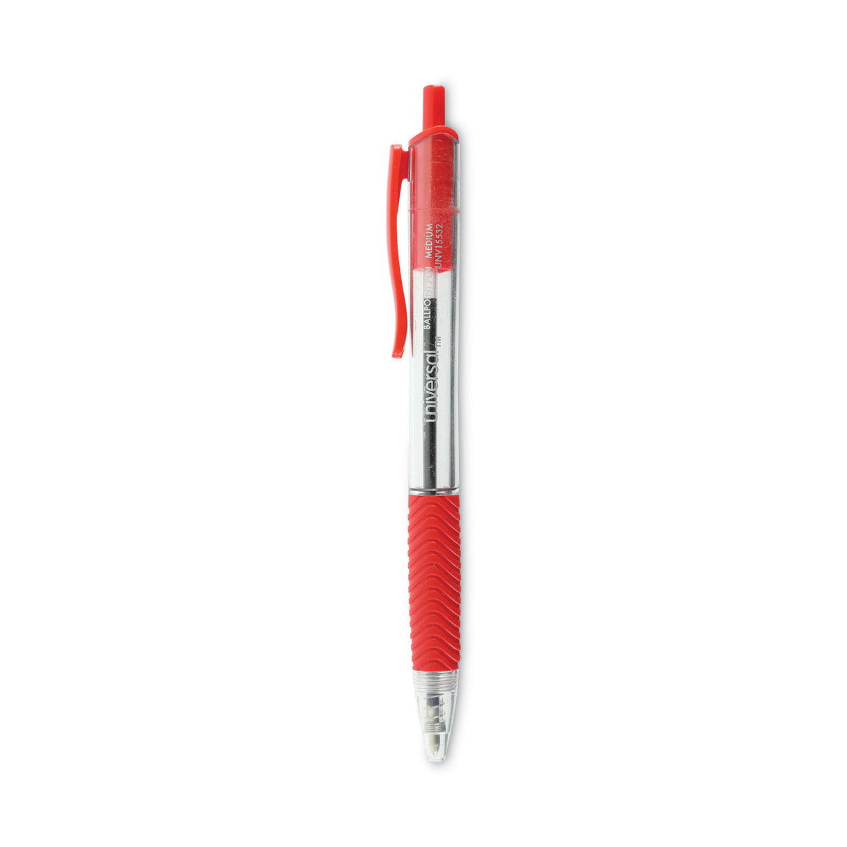 Universal Comfort Grip Ballpoint Pen, Retractable, Medium 1 mm, Red Ink, Clear/Red Barrel, Dozen (UNV15532)