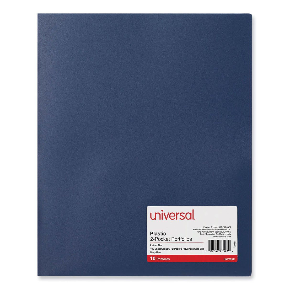 Universal Two-Pocket Plastic Folders, 100-Sheet Capacity, 11 x 8.5, Navy Blue, 10/Pack (UNV20541)
