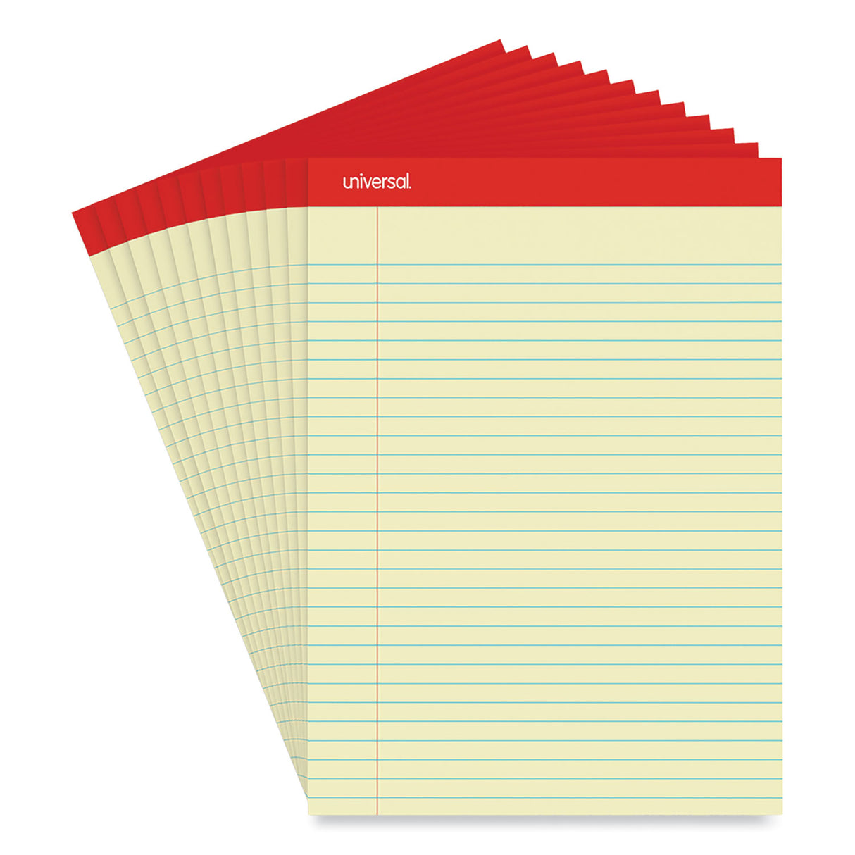 Universal Perforated Ruled Writing Pads, Wide/Legal Rule, Red Headband, 50 Canary-Yellow 8.5 x 11.75 Sheets, Dozen (UNV10630)