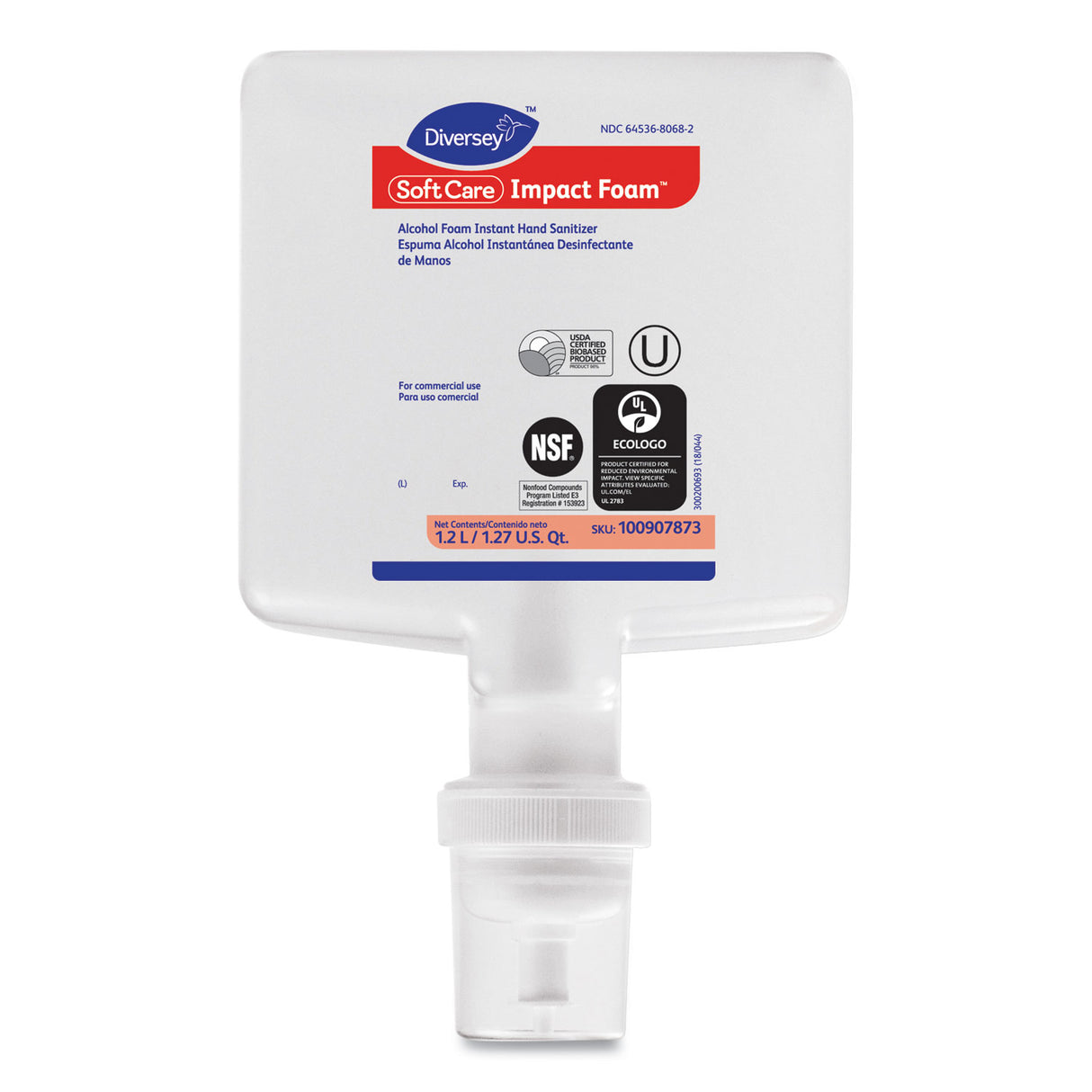 Diversey Soft Care Impact Foam Hand Sanitizer for IntelliCare Dispensers, 1,200 mL Cartridge, Alcohol Scent, 6/Carton (100907873)