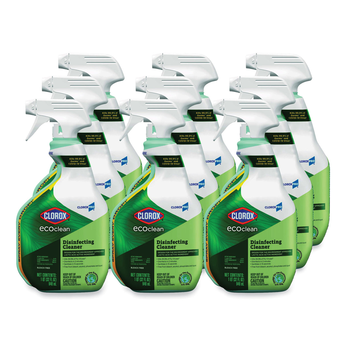 Clorox Pro EcoClean Disinfecting Cleaner, Unscented, 32 oz Spray Bottle, 9/Carton (60213CT)