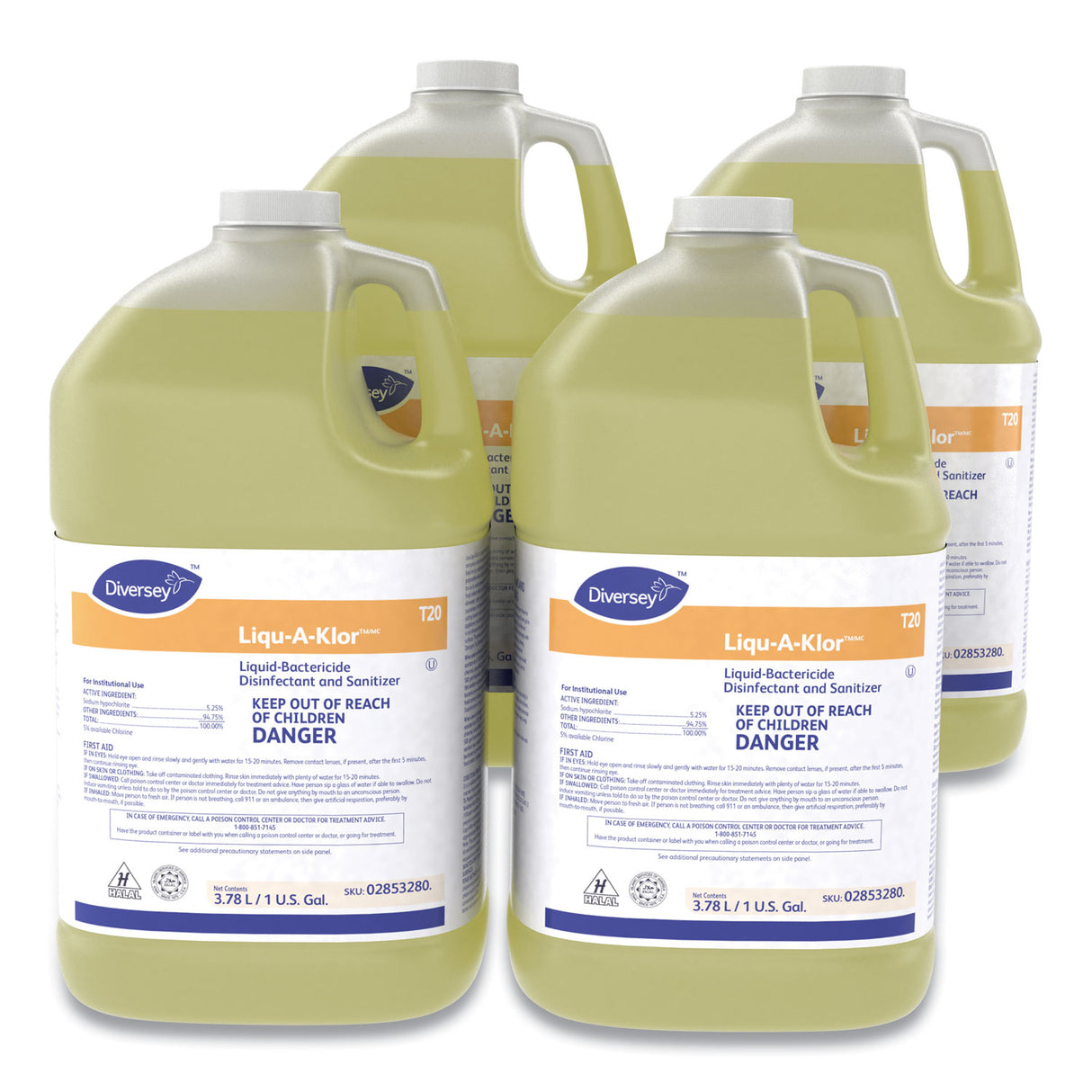 Diversey Liqu-A-Klor Disinfectant/Sanitizer, 1 gal Bottle, 4/Carton (02853280)